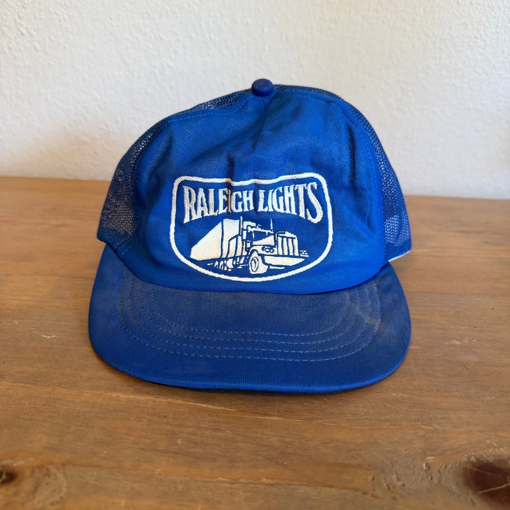 Vintage Raleigh Lights Trucker Hat Blue Mesh Snapback Challenger Caps USA Made